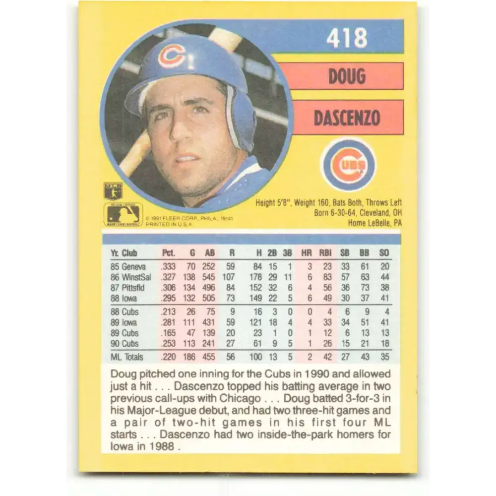1991 Fleer #418 Doug Dascenzo NM-MT Chicago Cubs Baseball Card - Baseball Card Single