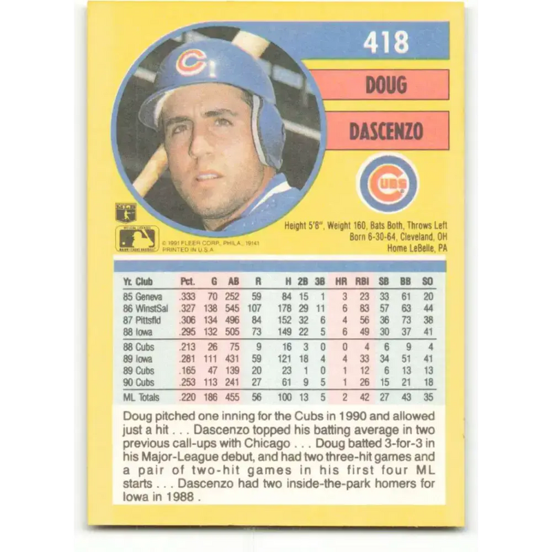 1991 Fleer #418 Doug Dascenzo NM-MT Chicago Cubs Baseball Card - Baseball Card Single