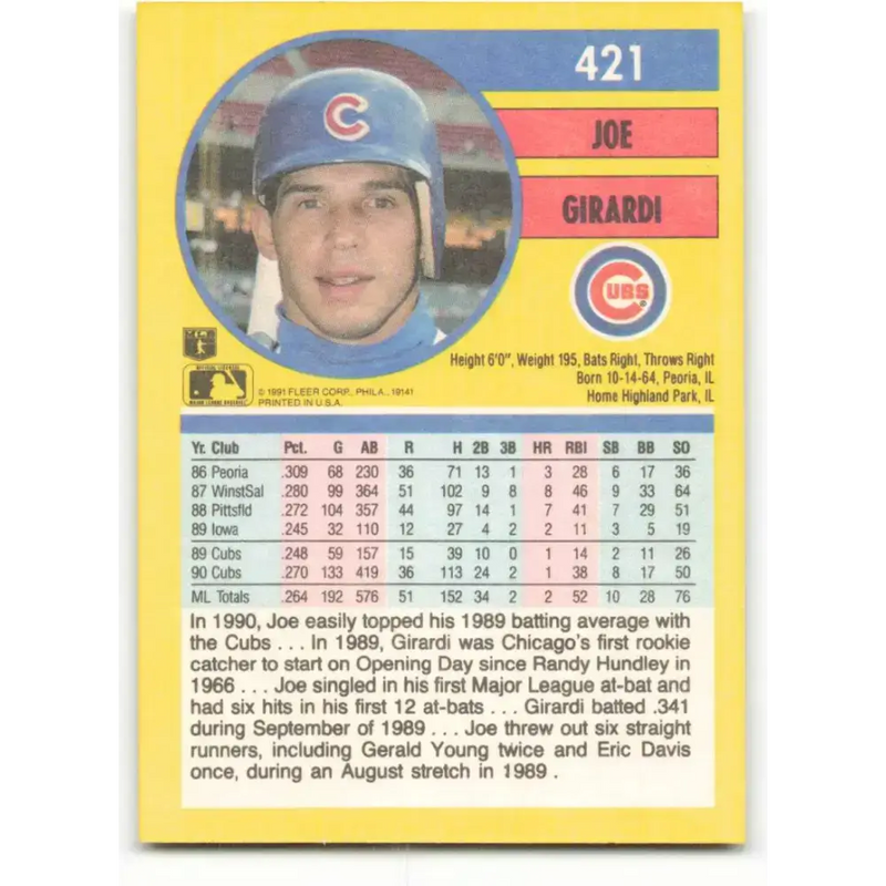 1991 Fleer #421 Joe Girardi NM-MT Chicago Cubs Baseball Card - Baseball Card Single