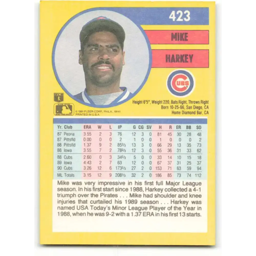 1991 Fleer #423 Mike Harkey NM-MT Chicago Cubs Baseball Card - Baseball Card Single