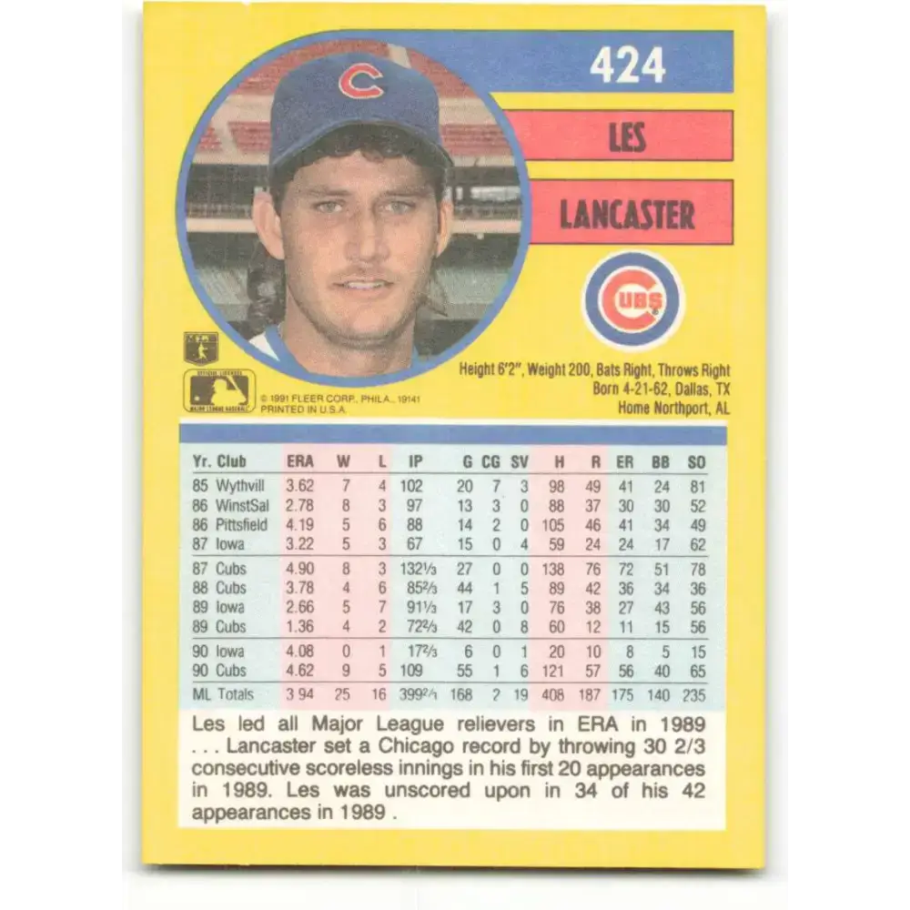 1991 Fleer #424 Les Lancaster NM-MT Chicago Cubs Baseball Card - Baseball Card Single