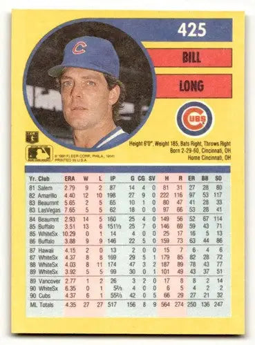 Baseball card back with original gloss from 1991 Fleer Bill Long Chicago Cubs baseball cards
