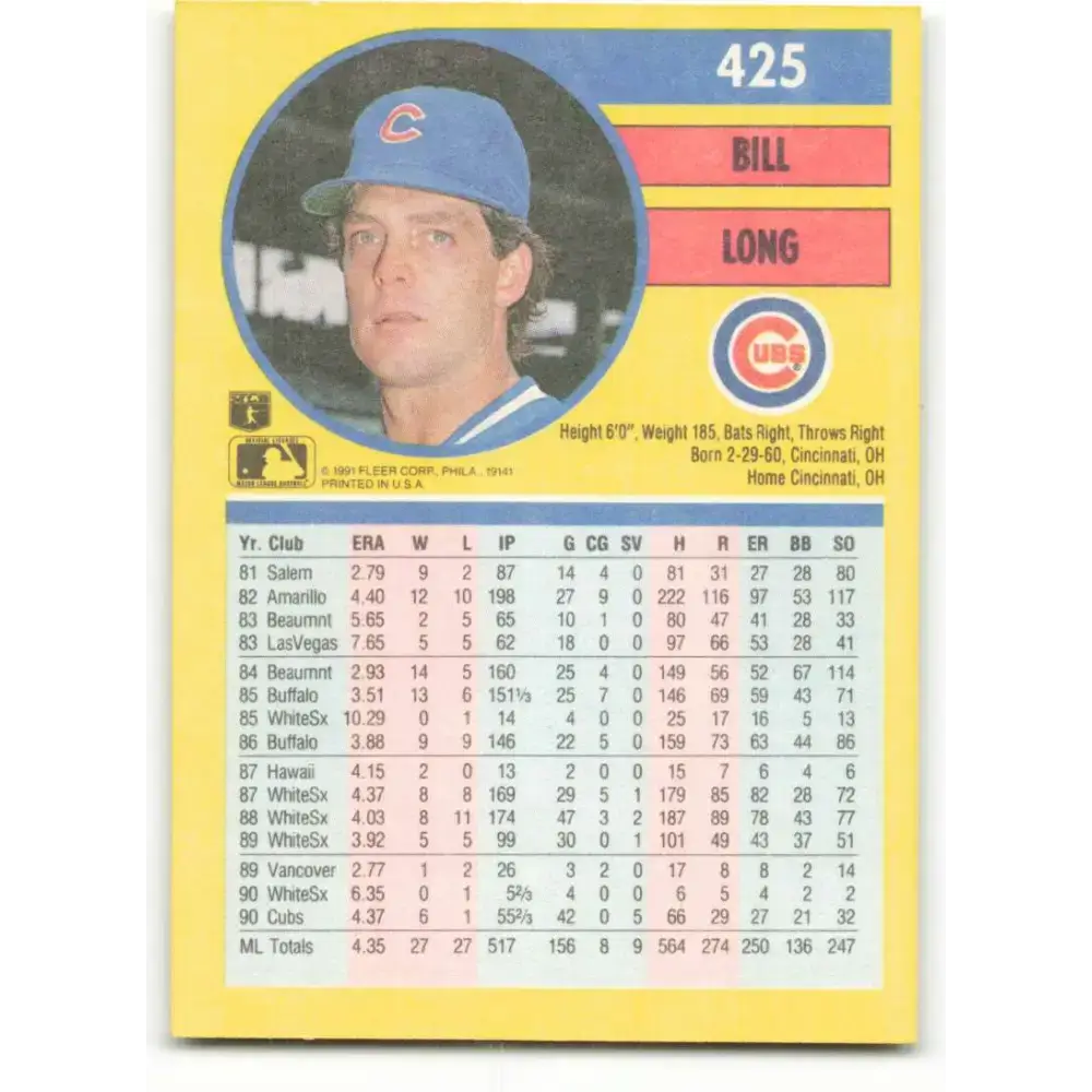 1991 Fleer #425 Bill Long NM-MT Chicago Cubs Baseball Card - Baseball Card Single