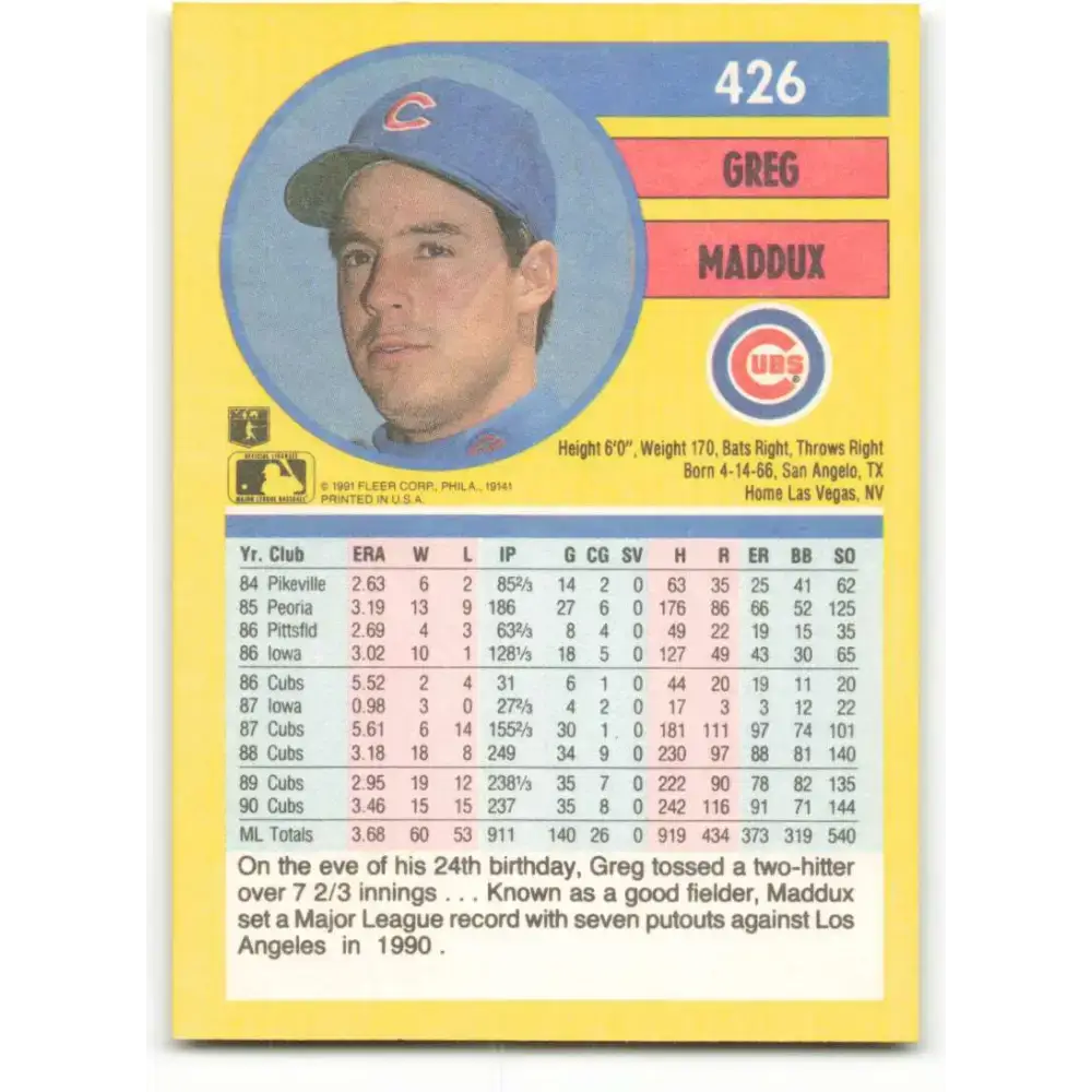 1991 Fleer #426 Greg Maddux NM-MT Chicago Cubs Baseball Card - Baseball Card Single