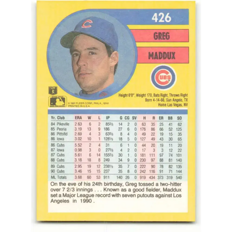 1991 Fleer #426 Greg Maddux NM-MT Chicago Cubs Baseball Card - Baseball Card Single