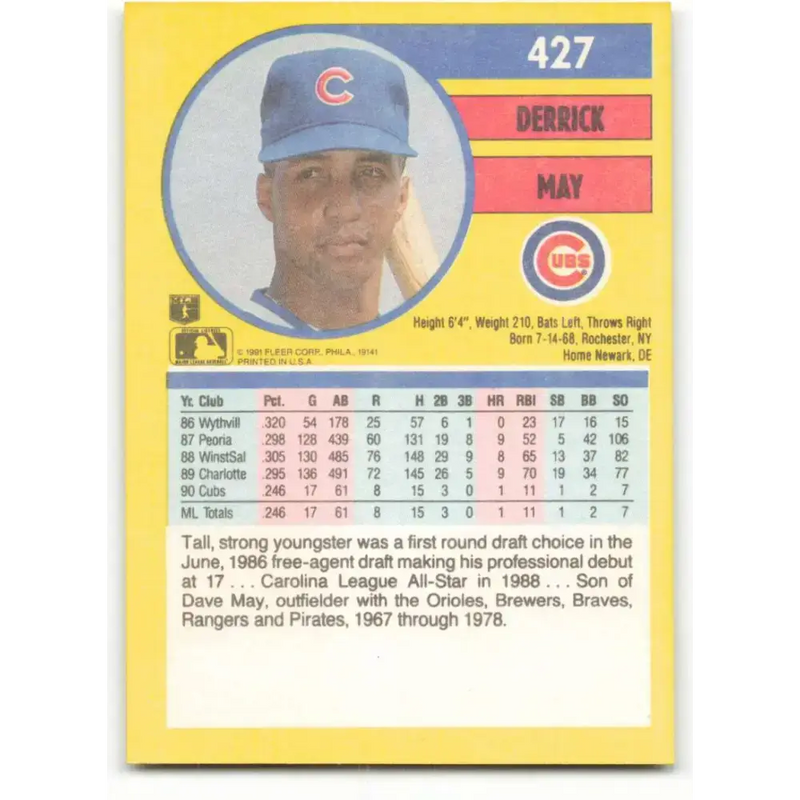 1991 Fleer #427 Derrick May NM-MT Chicago Cubs Baseball Card - Baseball Card Single