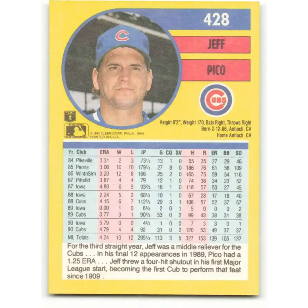 1991 Fleer #428 Jeff Pico NM-MT Chicago Cubs Baseball Card - Baseball Card Single
