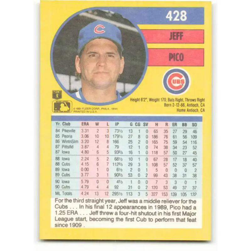 1991 Fleer #428 Jeff Pico NM-MT Chicago Cubs Baseball Card - Baseball Card Single