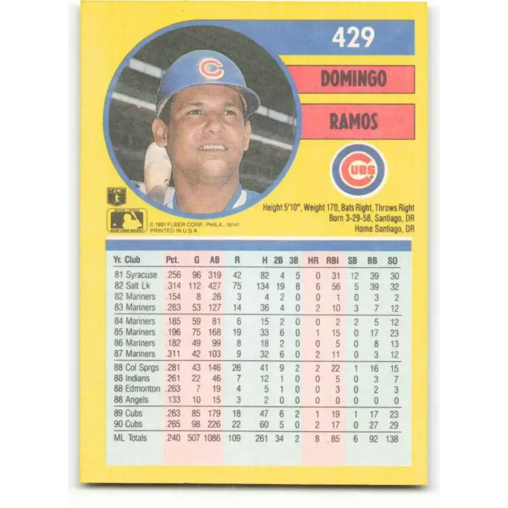 1991 Fleer #429 Domingo Ramos NM-MT Chicago Cubs Baseball Card - Baseball Card Single