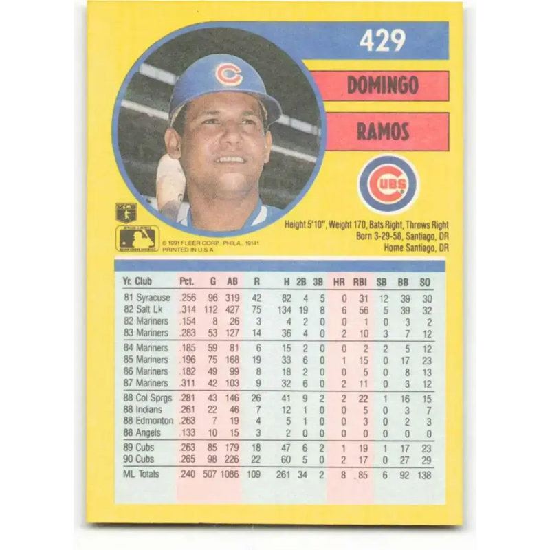 1991 Fleer #429 Domingo Ramos NM-MT Chicago Cubs Baseball Card - Baseball Card Single