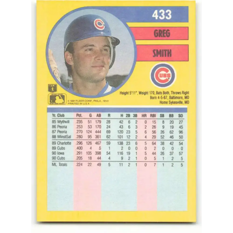 1991 Fleer #433 Greg Smith NM-MT Chicago Cubs Baseball Card - Baseball Card Single