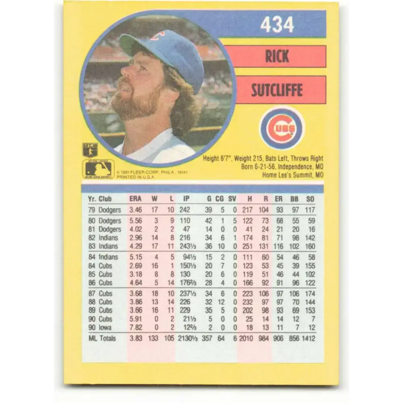 1991 Fleer #434 Rick Sutcliffe NM-MT Chicago Cubs Baseball Card - Baseball Card Single