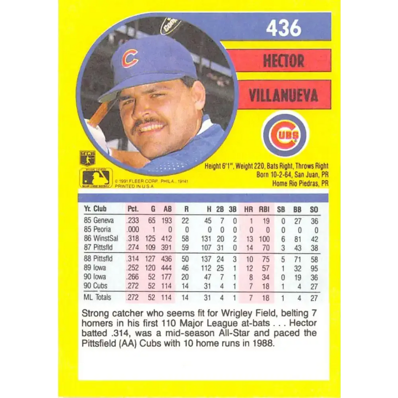 1991 Fleer #436 Hector Villanueva NM-MT Chicago Cubs Baseball Card - Baseball Card Single