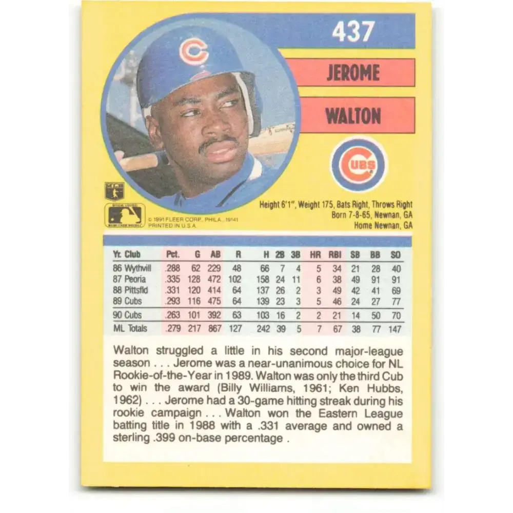 1991 Fleer #437 Jerome Walton NM-MT Chicago Cubs Baseball Card - Baseball Card Single