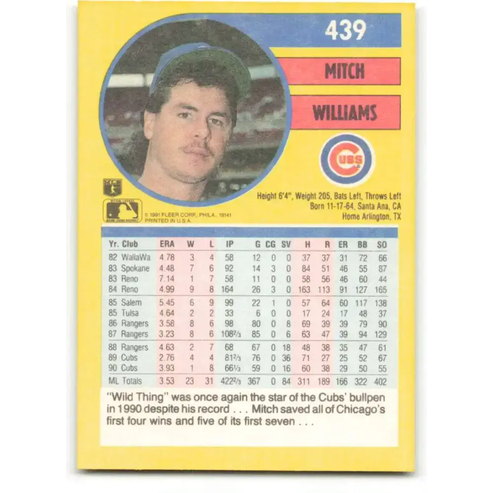 1991 Fleer #439 Mitch Williams NM-MT Chicago Cubs Baseball Card - Baseball Card Single