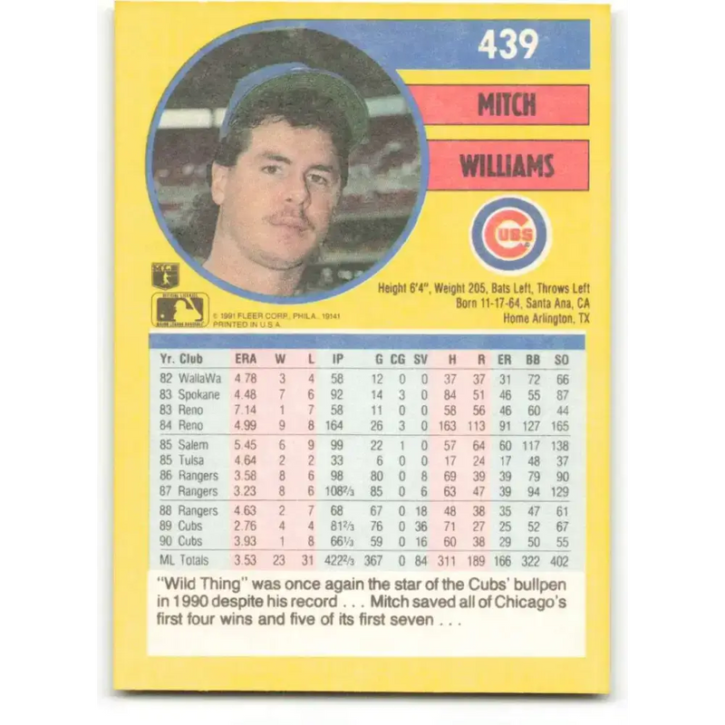 1991 Fleer #439 Mitch Williams NM-MT Chicago Cubs Baseball Card - Baseball Card Single