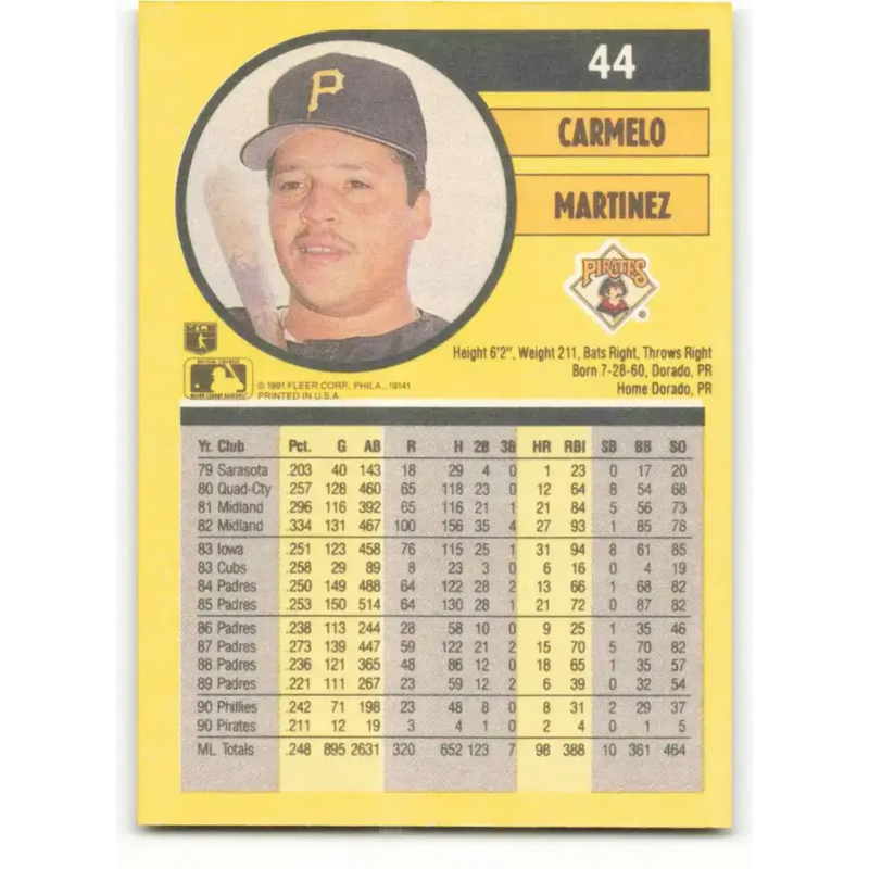 1991 Fleer #44 Carmelo Martinez NM-MT Pittsburgh Pirates Baseball Card - Baseball Card Single