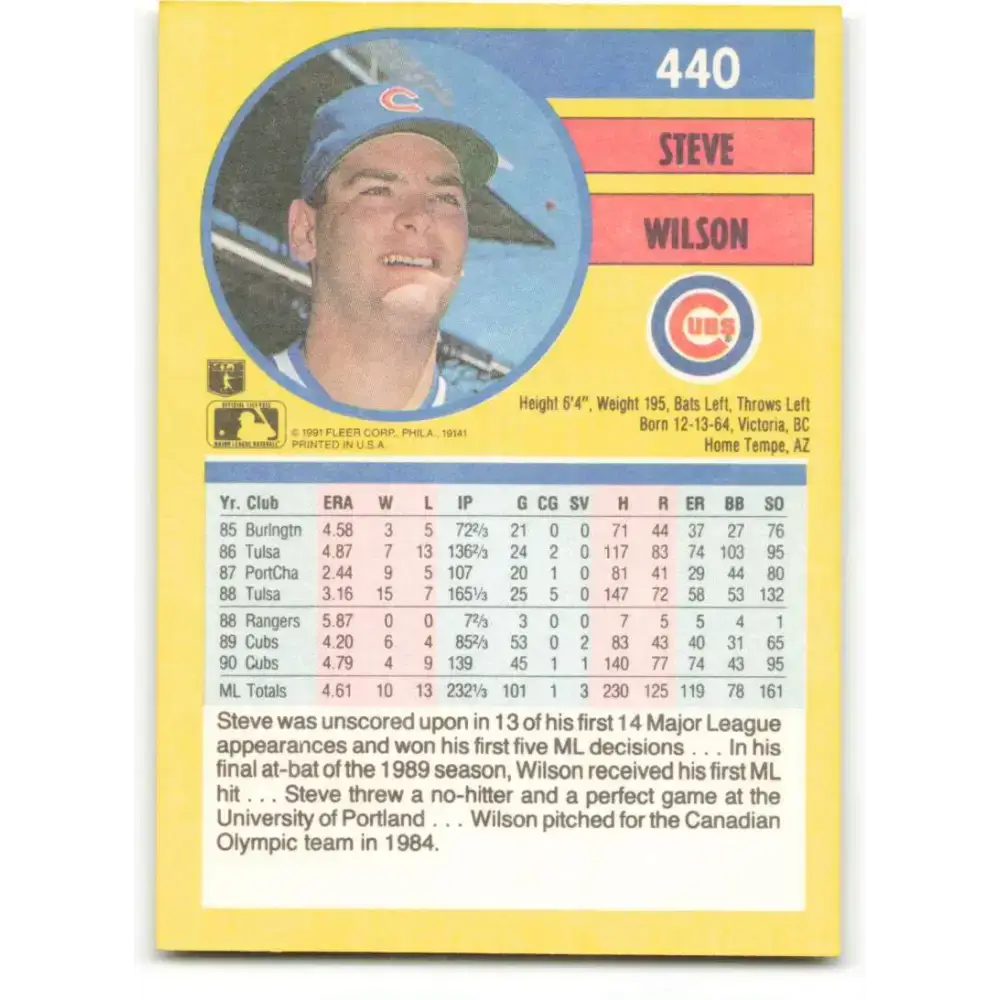 1991 Fleer #440 Steve Wilson NM-MT Chicago Cubs Baseball Card - Baseball Card Single