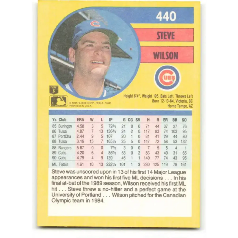 1991 Fleer #440 Steve Wilson NM-MT Chicago Cubs Baseball Card - Baseball Card Single