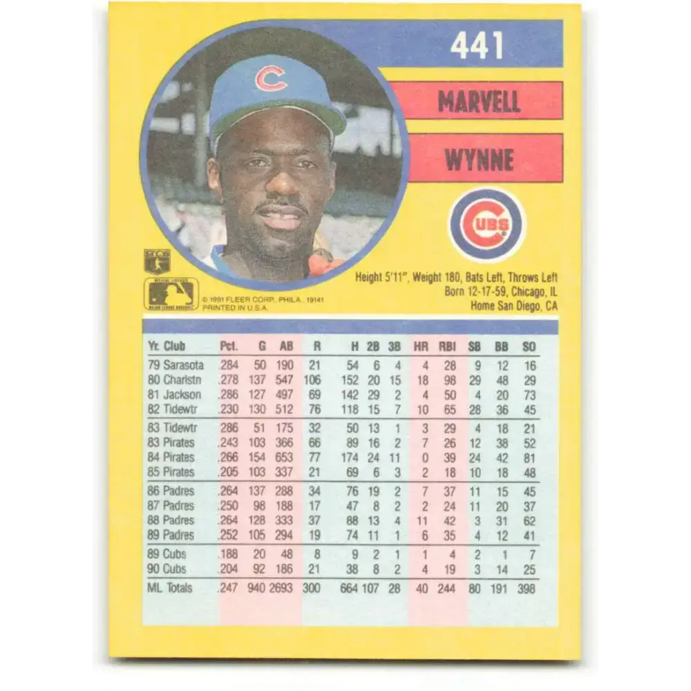 1991 Fleer #441 Marvell Wynne NM-MT Chicago Cubs Baseball Card - Baseball Card Single