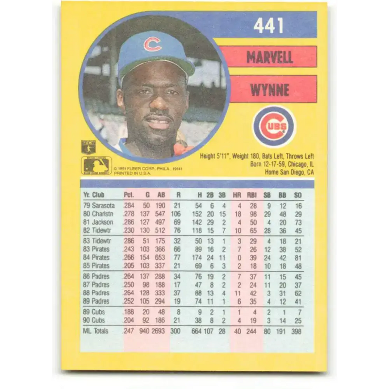 1991 Fleer #441 Marvell Wynne NM-MT Chicago Cubs Baseball Card - Baseball Card Single