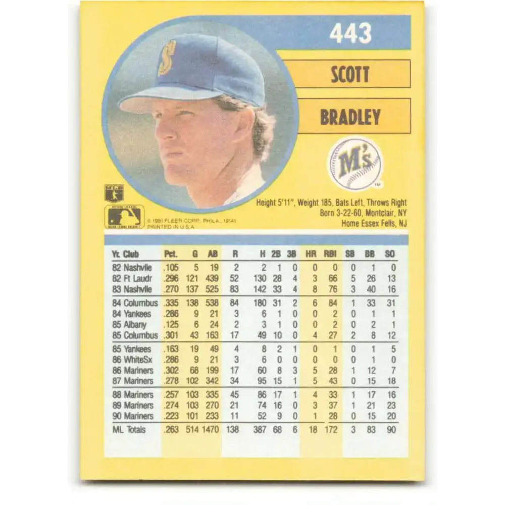 1991 Fleer #443 Scott Bradley NM-MT Seattle Mariners Baseball Card - Baseball Card Single