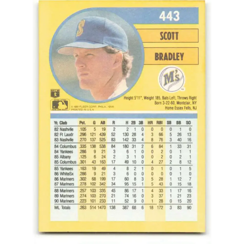 1991 Fleer #443 Scott Bradley NM-MT Seattle Mariners Baseball Card - Baseball Card Single