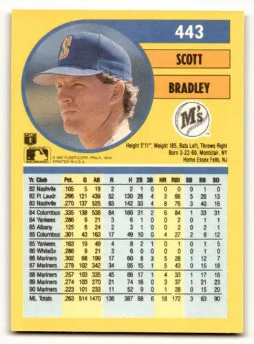 Original gloss Scott Bradley Seattle Mariners baseball card 1991 Fleer #443 Bradley Seattle Mariners