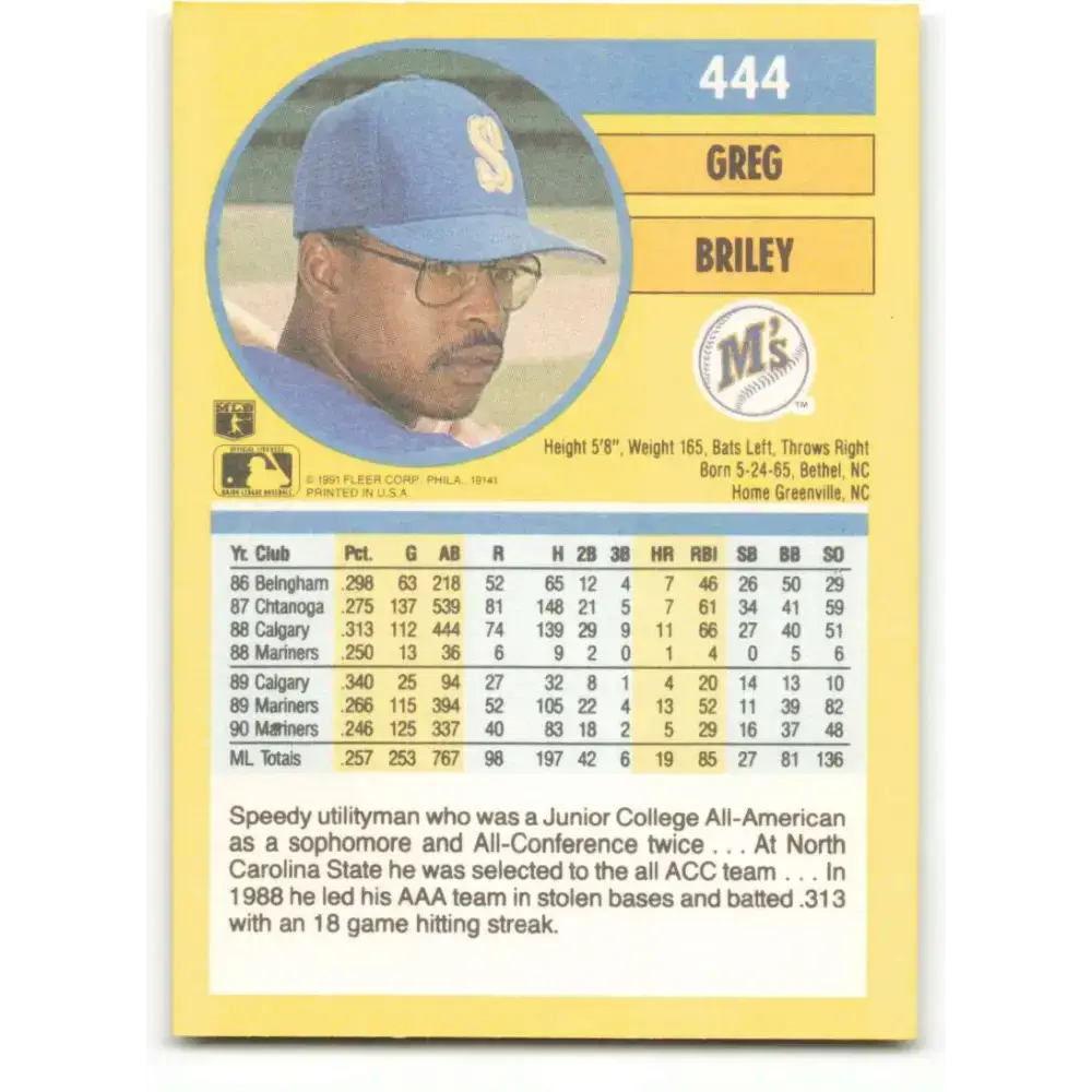 1991 Fleer #444 Greg Briley NM-MT Seattle Mariners Baseball Card - Baseball Card Single