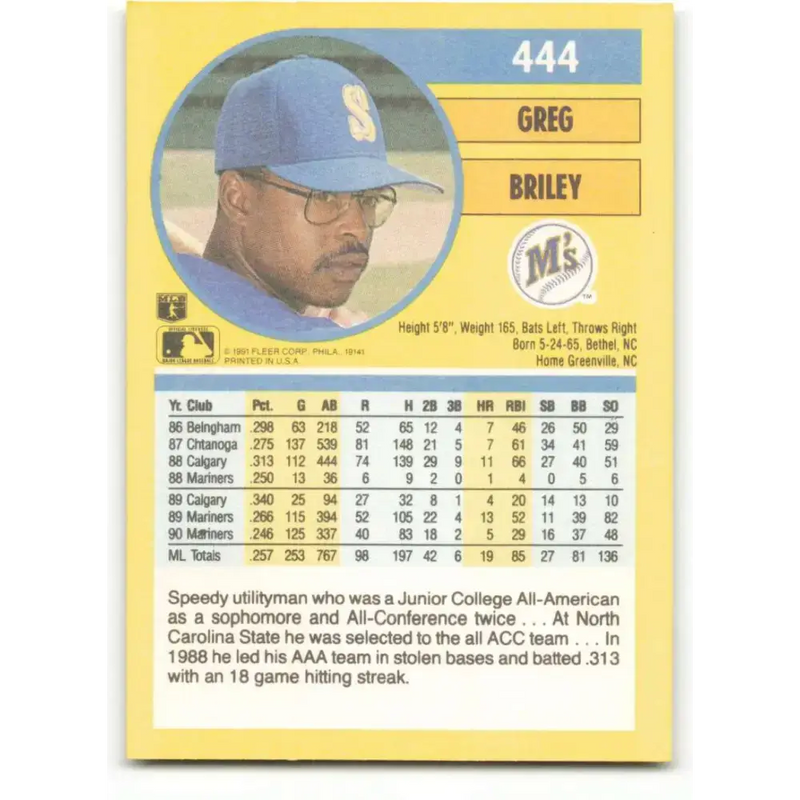 1991 Fleer #444 Greg Briley NM-MT Seattle Mariners Baseball Card - Baseball Card Single