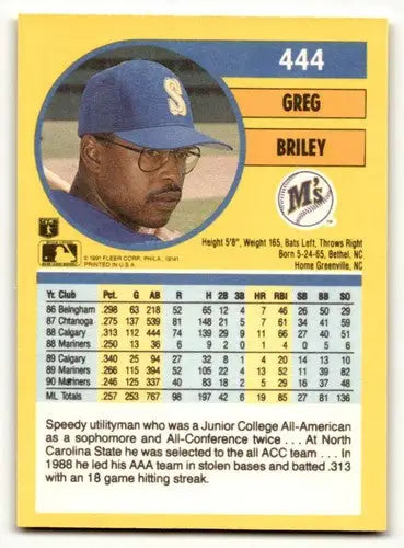Original gloss Greg Briley Seattle Mariners baseball card from 1991 Fleer series