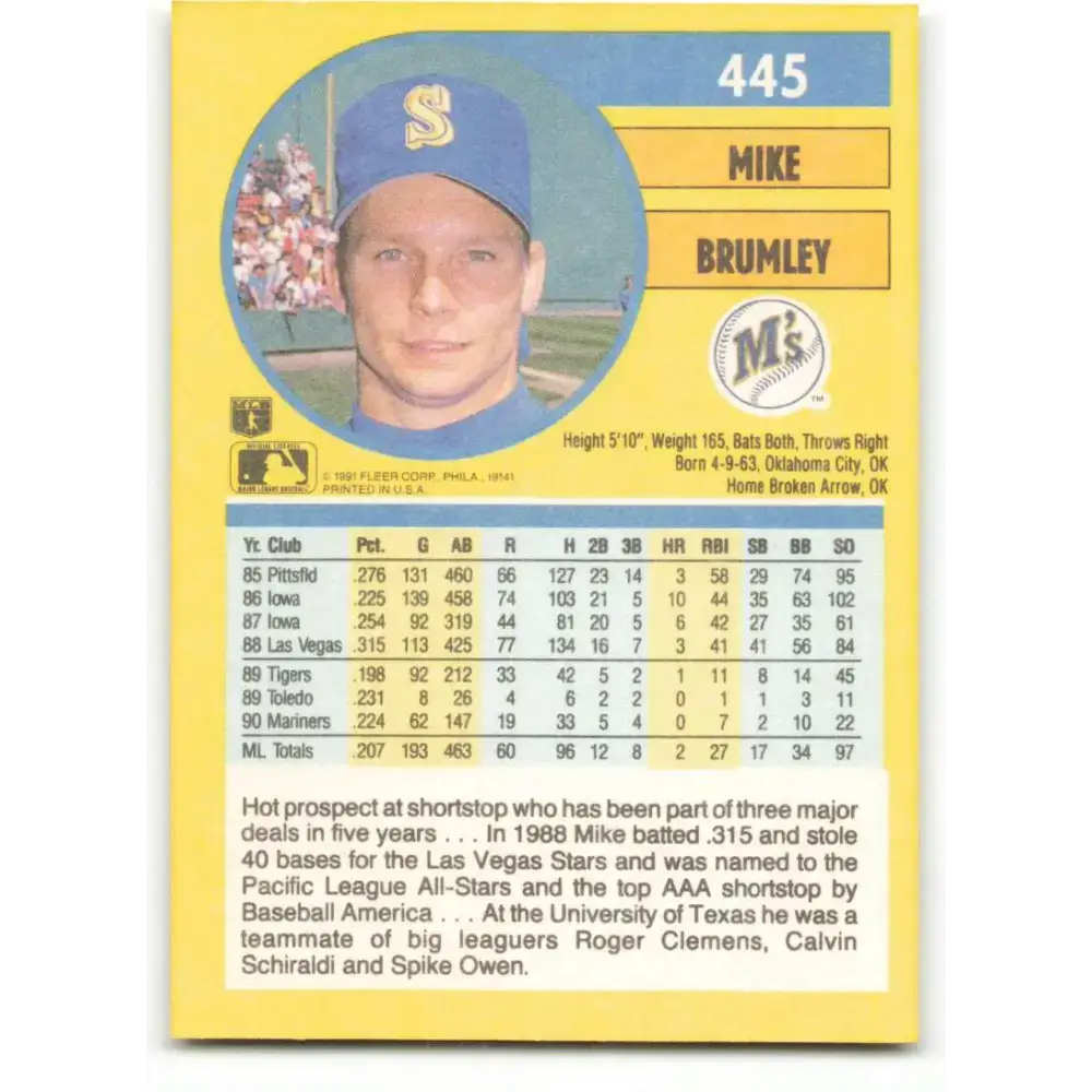 1991 Fleer #445 Mike Brumley NM-MT Seattle Mariners Baseball Card - Baseball Card Single