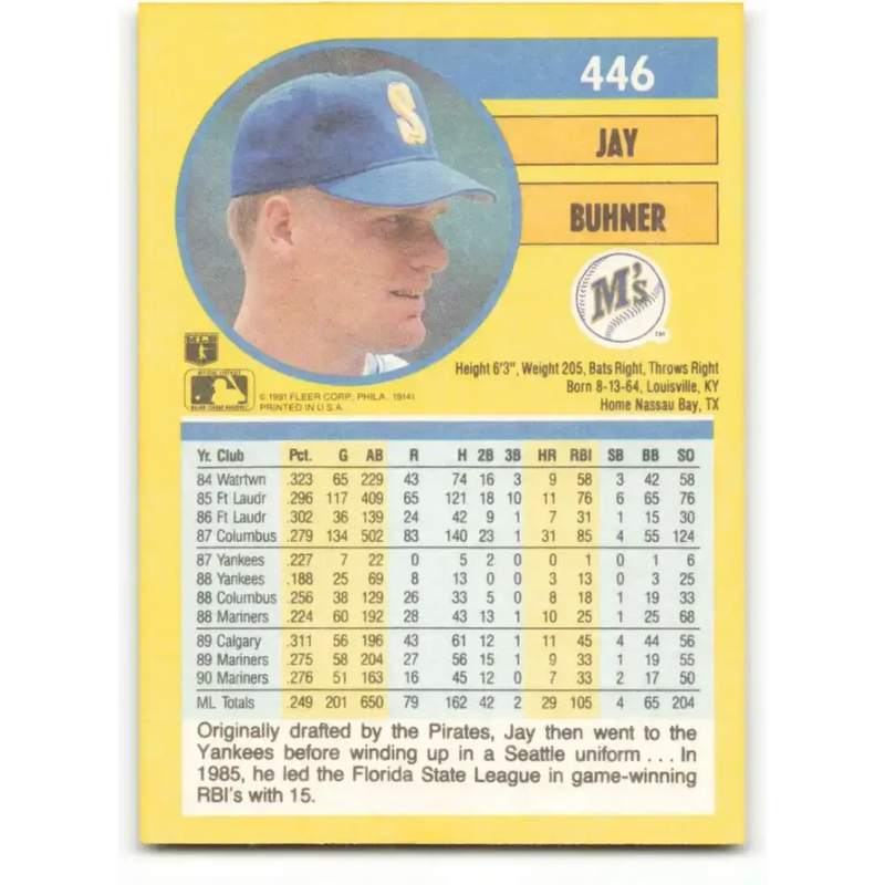 1991 Fleer #446 Jay Buhner NM-MT Seattle Mariners Baseball Card - Baseball Card Single