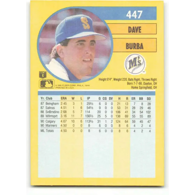 1991 Fleer #447 Dave Burba NM-MT RC Rookie Seattle Mariners Baseball Card - Baseball Card Single