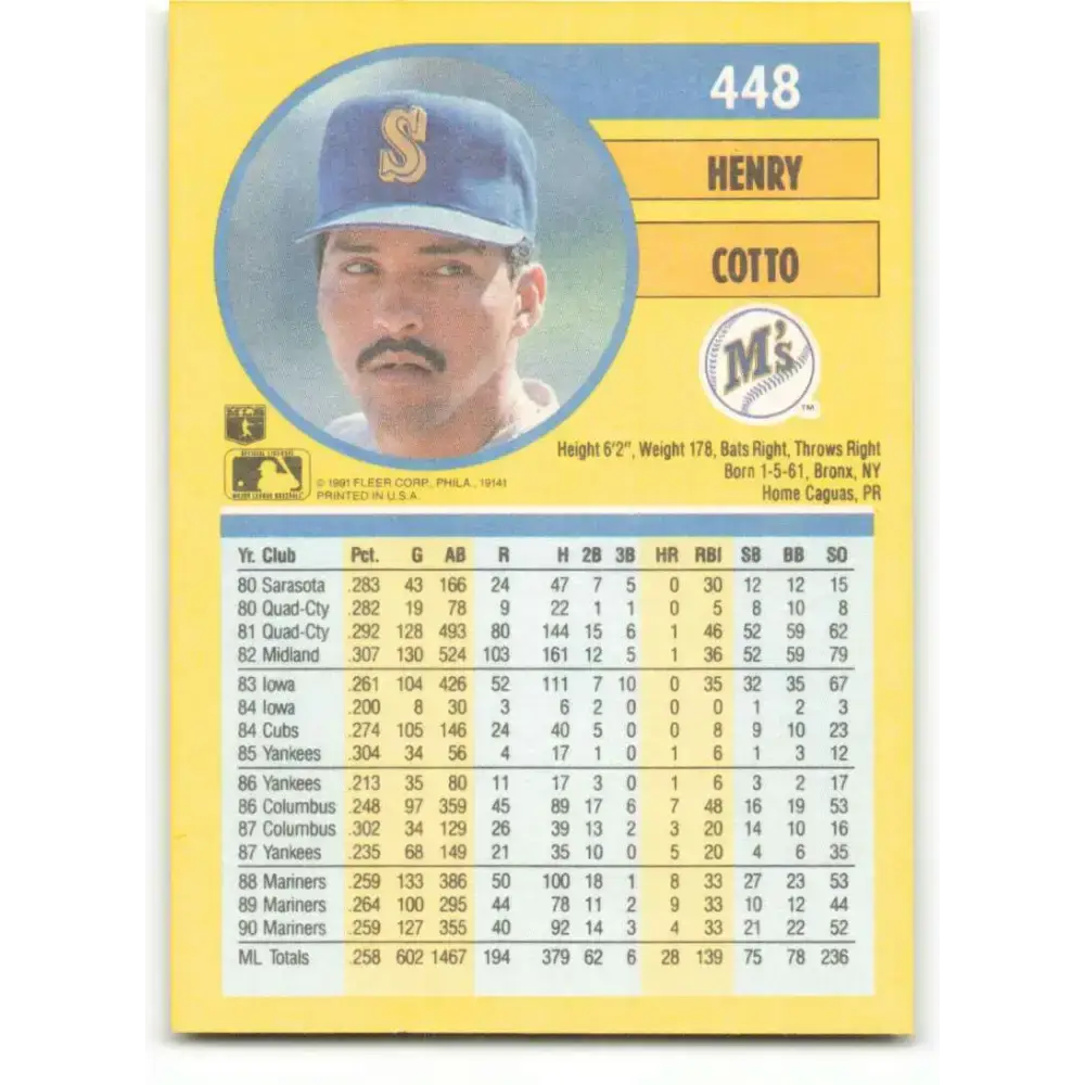 1991 Fleer #448 Henry Cotto NM-MT Seattle Mariners Baseball Card - Baseball Card Single