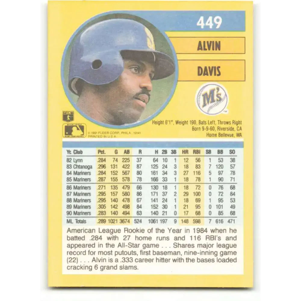 1991 Fleer #449 Alvin Davis NM-MT Seattle Mariners Baseball Card - Baseball Card Single