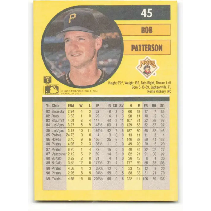 1991 Fleer #45 Bob Patterson NM-MT Pittsburgh Pirates Baseball Card - Baseball Card Single