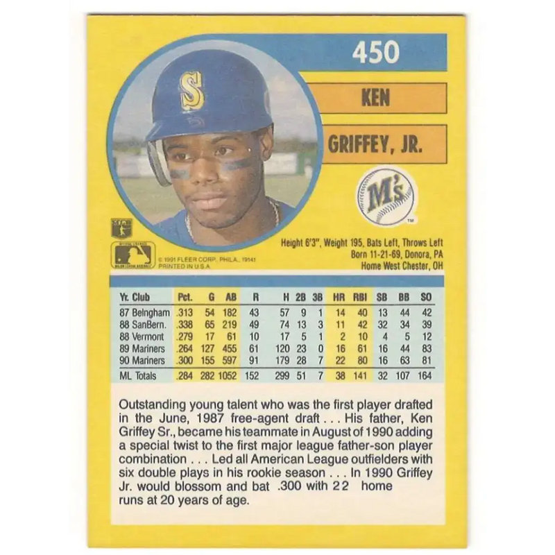 1991 Fleer #450 Ken Griffey Jr. NM-MT Seattle Mariners Baseball Card - Baseball Card Single