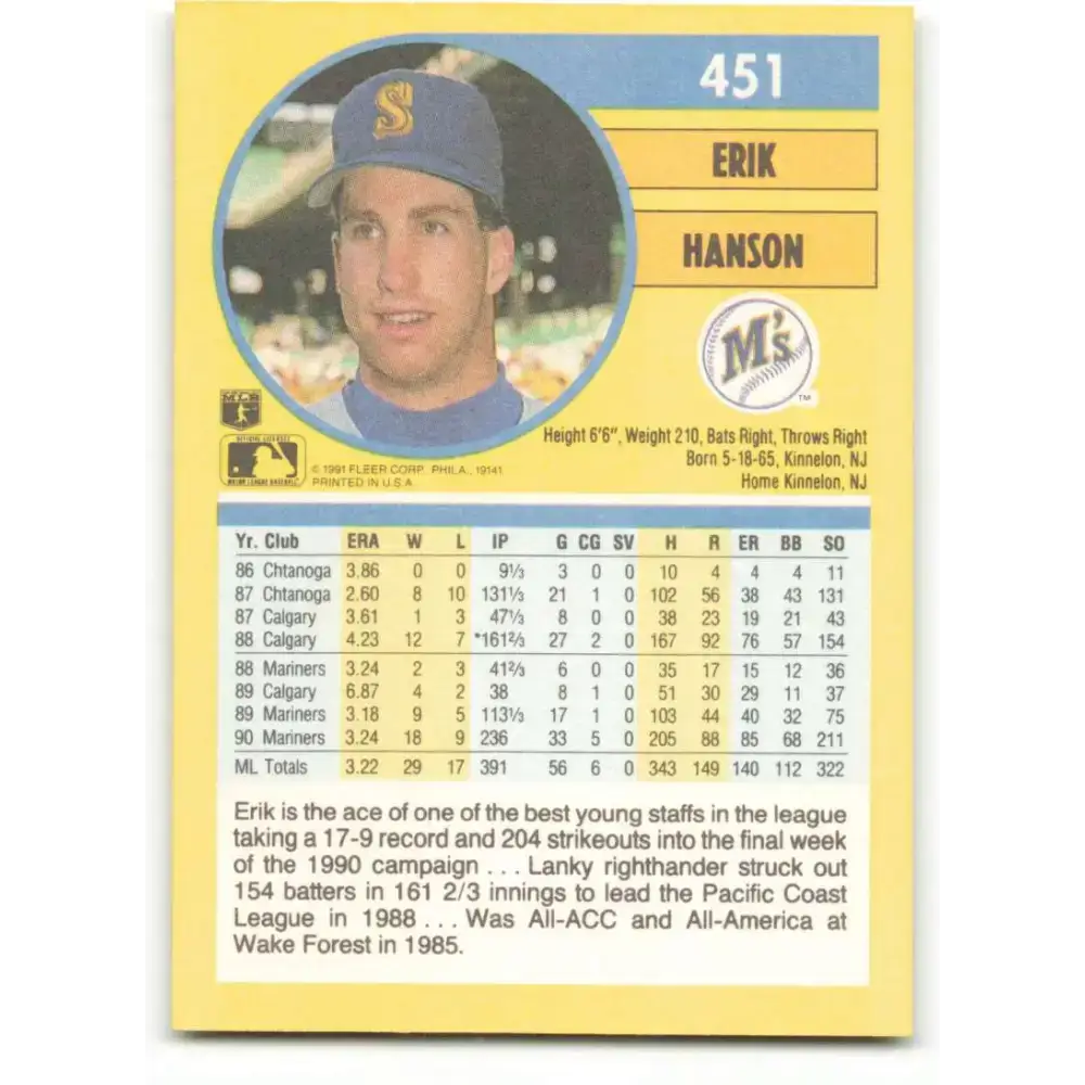 1991 Fleer #451 Erik Hanson NM-MT Seattle Mariners Baseball Card - Baseball Card Single