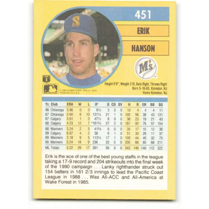 1991 Fleer #451 Erik Hanson NM-MT Seattle Mariners Baseball Card - Baseball Card Single