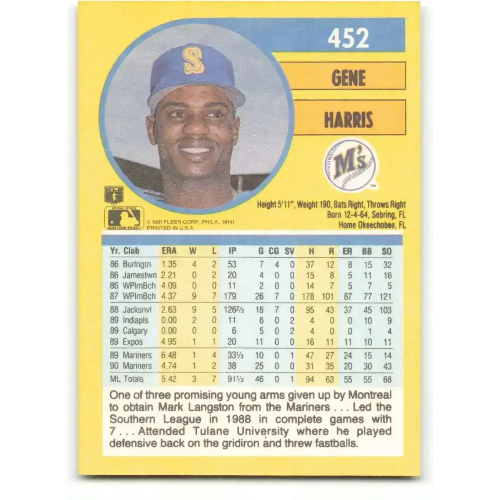 1991 Fleer #452 Gene Harris NM-MT Seattle Mariners Baseball Card - Baseball Card Single
