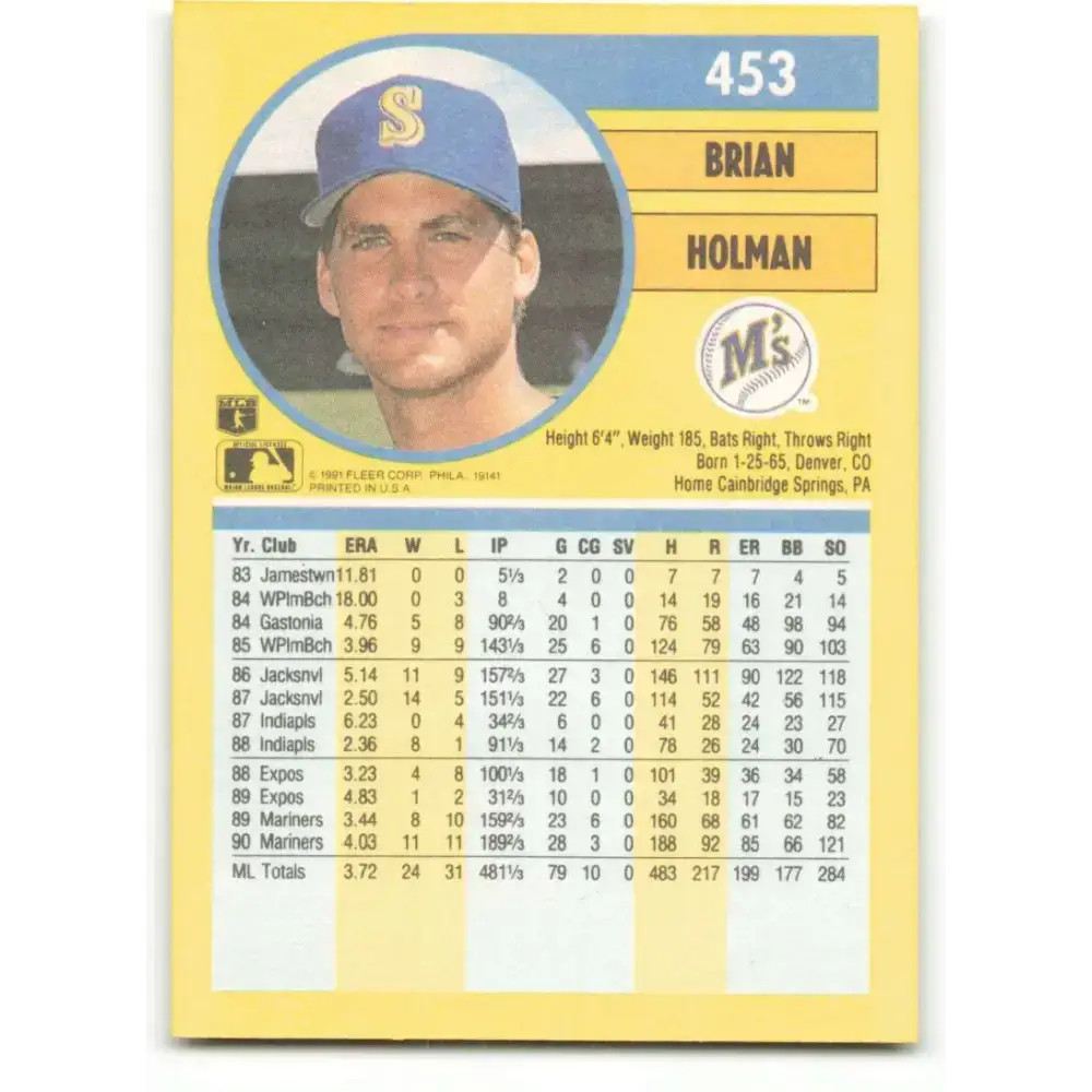 1991 Fleer #453 Brian Holman NM-MT Seattle Mariners Baseball Card - Baseball Card Single