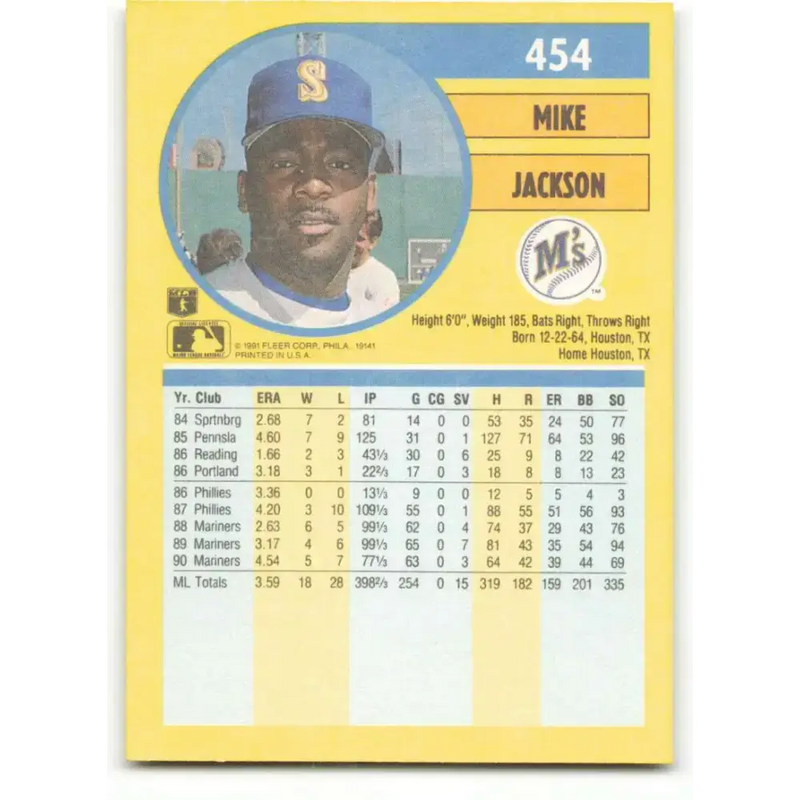 1991 Fleer #454 Mike Jackson NM-MT Seattle Mariners Baseball Card - Baseball Card Single
