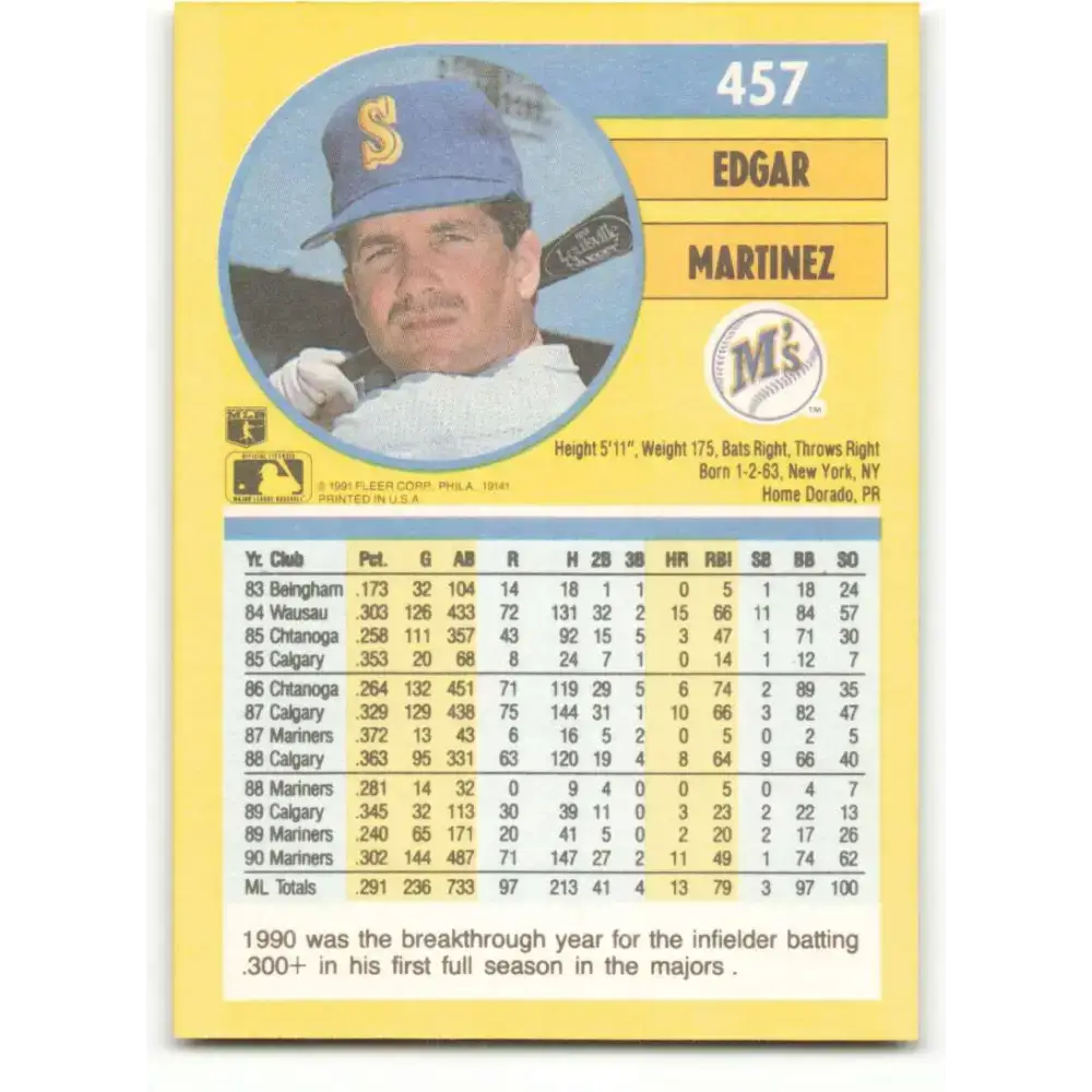 1991 Fleer #457 Edgar Martinez NM-MT Seattle Mariners Baseball Card - Baseball Card Single