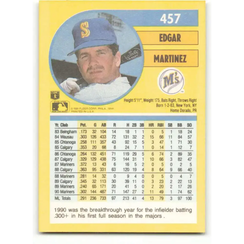 1991 Fleer #457 Edgar Martinez NM-MT Seattle Mariners Baseball Card - Baseball Card Single