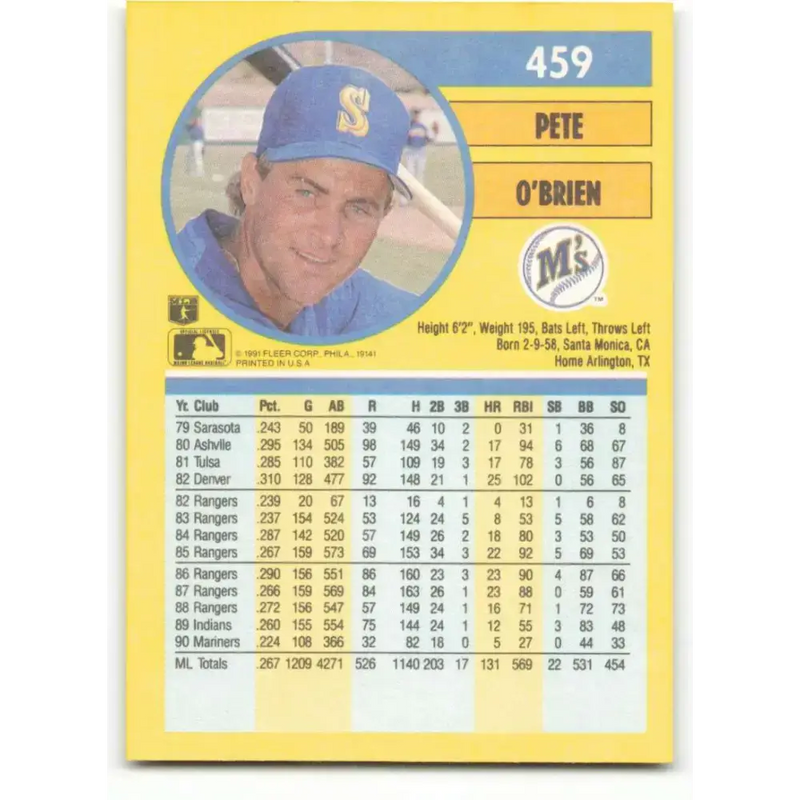 1991 Fleer #459 Pete O’Brien NM-MT Seattle Mariners Baseball Card - Baseball Card Single