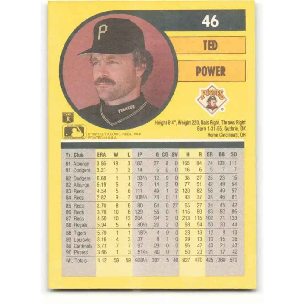 1991 Fleer #46 Ted Power NM-MT Pittsburgh Pirates Baseball Card - Baseball Card Single
