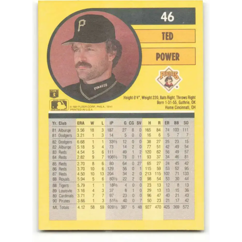 1991 Fleer #46 Ted Power NM-MT Pittsburgh Pirates Baseball Card - Baseball Card Single
