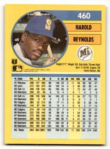 Original gloss Harold Reynolds Seattle Mariners baseball card from 1991 Fleer #460