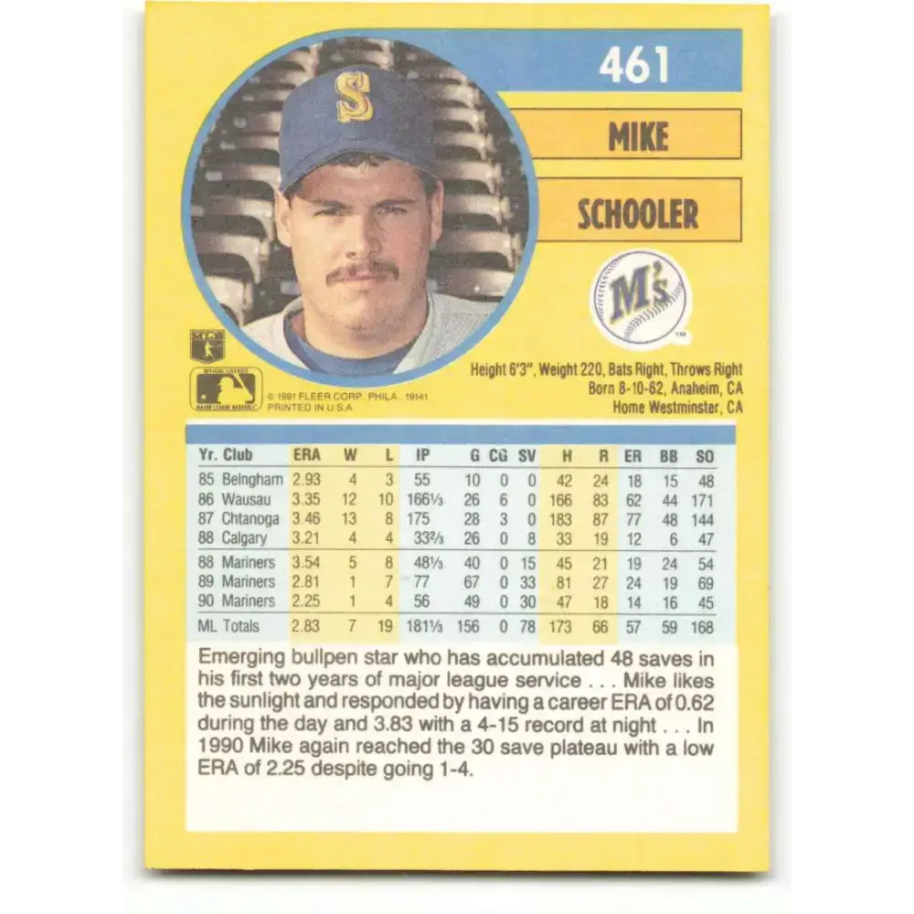 1991 Fleer #461 Mike Schooler NM-MT Seattle Mariners Baseball Card - Baseball Card Single